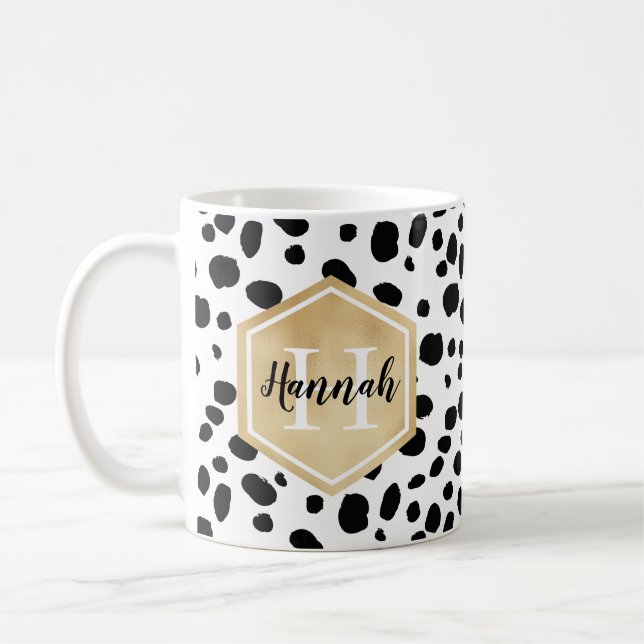 Schwarz-weiße Lochmuster-Gold-Monogramm Kaffeetasse (Links)