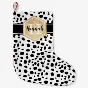 Schwarz-weiße Lochmuster-Gold-Monogramm Kleiner Weihnachtsstrumpf