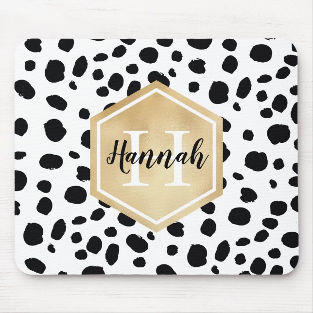 Schwarz-weiße Lochmuster-Gold-Monogramm Mousepad (Vorne)