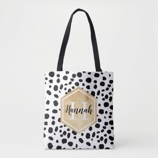 Schwarz-weiße Lochmuster-Gold-Monogramm Tasche (Vorderseite)