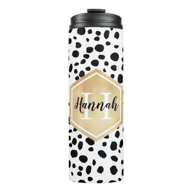 Schwarz-weiße Lochmuster-Gold-Monogramm Thermosbecher (Vorderseite)