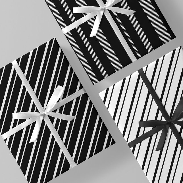 Schwarz-weiße luxuriöse und schicke Streifen Geschenkpapier Set (Black & White Luxurious & Chic Stripes Wrapping Paper Sheets)