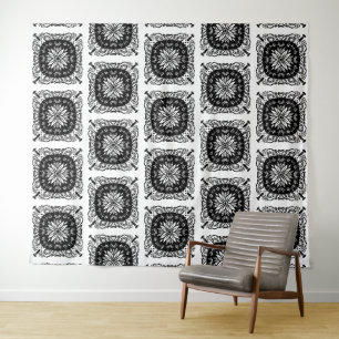 Schwarz-weiße Mandala-Blumenmuster-Tapete Wandteppich