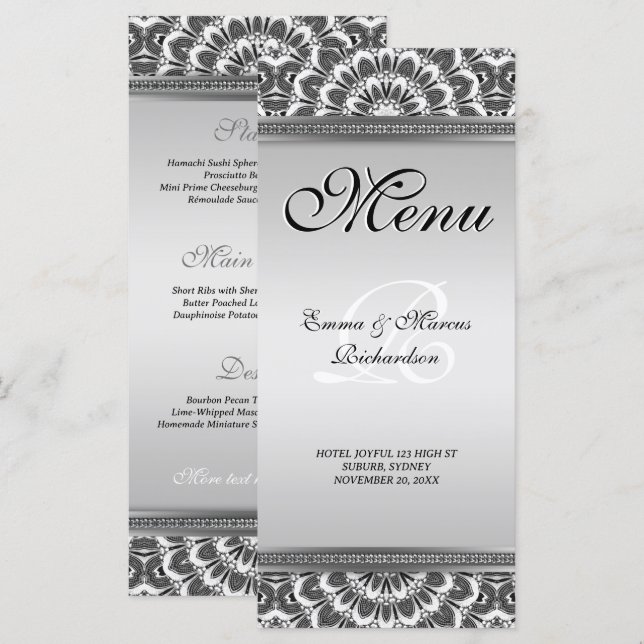 Schwarz-weiße Mandala Wedding Menu Card Menükarte (Vorne/Hinten)