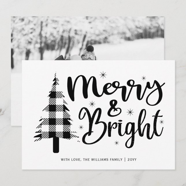 Schwarz-weiße Merry and Bright Foto Ferienkarte (Vorne/Hinten)