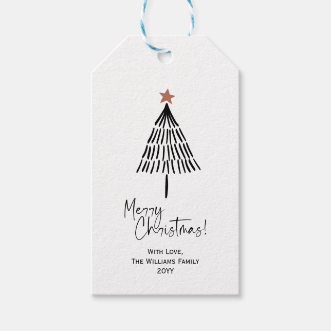 Schwarz-weiße Minimal frohe Weihnachtsbaum-Geschen Geschenkanhänger (Vorderseite)