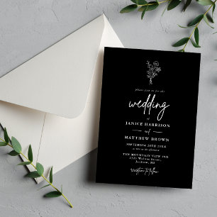 Schwarz-Weiße Minimalistische Botanische Hochzeit Einladung