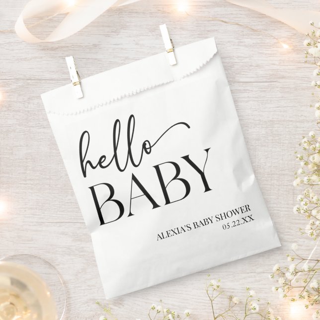 Schwarz-weiße Minimalistische Hello Baby Dusche Geschenktütchen (Ausgeschnitten)
