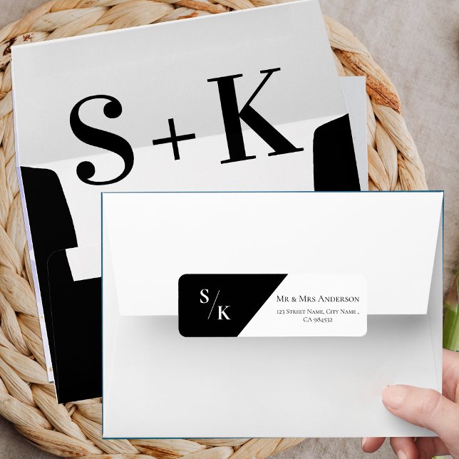 Schwarz-weiße Minimalistische Hochzeitadresse für  (Black White Monogram Minimalist Wedding Address Label)