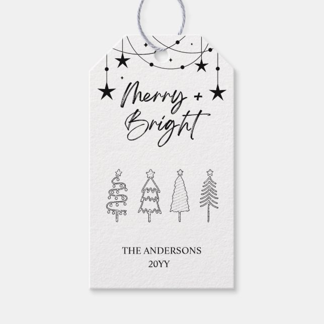 Schwarz-weiße Minimalistische Pine Trees Weihnacht Geschenkanhänger (Vorderseite)