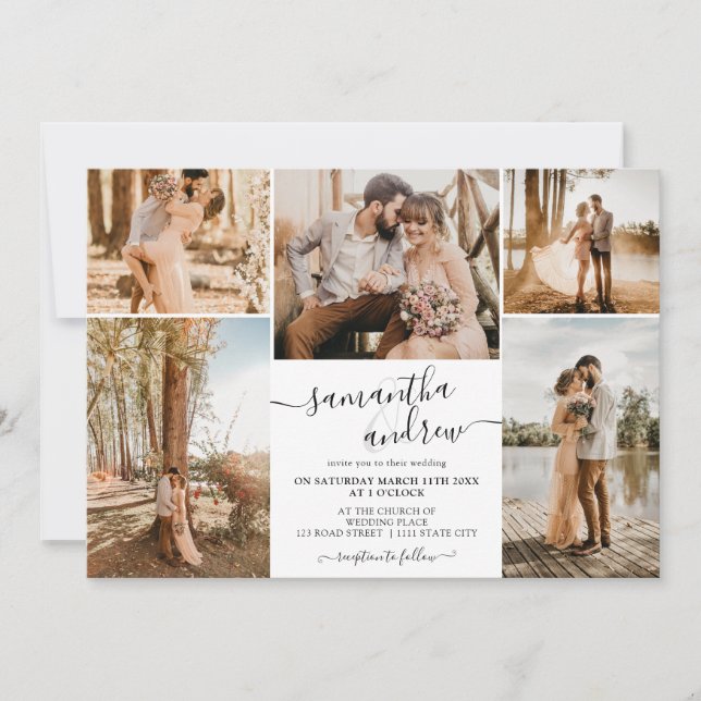 Schwarz-weiße Minimalschrift 6 Fotos Hochzeit Einladung (Vorderseite)