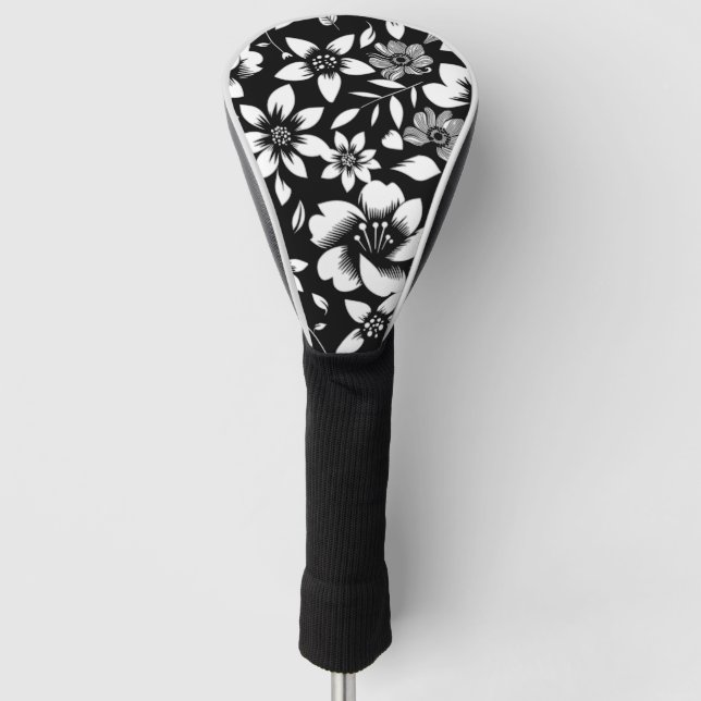 Schwarz-weiße, moderne Blätter mit Blumenmuster Golf Headcover (Vorderseite)