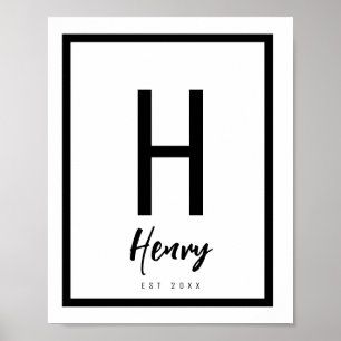 Schwarz-Weiße moderne chic Namens-Kinderzimmer-Ini Poster
