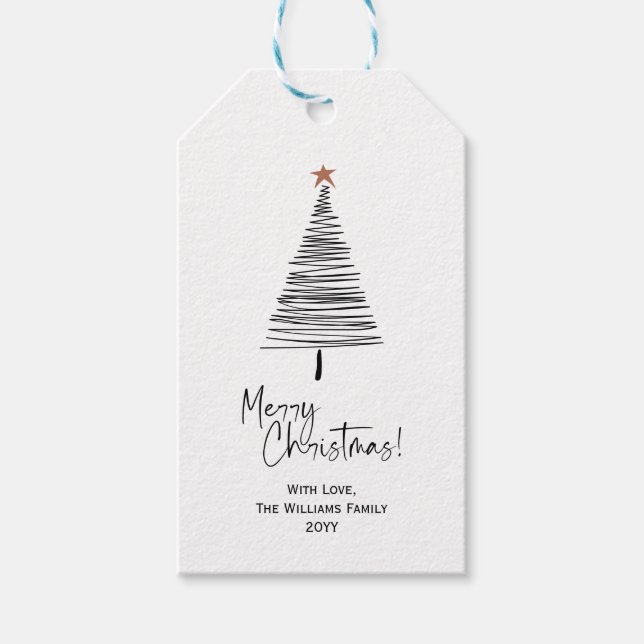 Schwarz-weiße moderne frohe Weihnachtsbaum-Geschen Geschenkanhänger (Vorderseite)