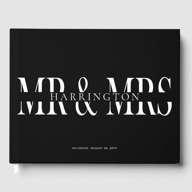 Schwarz-weiße moderne Typografie Mr. & Mrs. Weddin Gästebuch (Vorderseite)