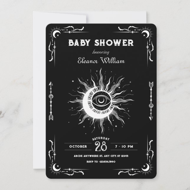 Schwarz-weiße Mondsonne Tarot Celestie Babydusche Einladung (Vorderseite)