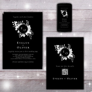 Schwarz-weiße Monogram Floral QRCode Elegant Weddi Einladung