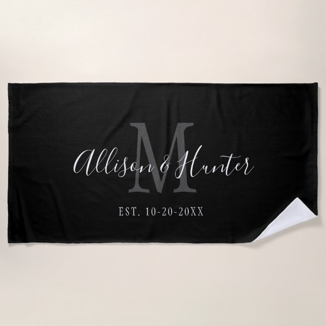 Schwarz-weiße Monogram-Hochzeit Personalisiert Strandtuch (Vorderseite)