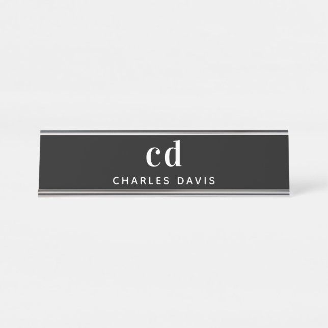 Schwarz-weiße Monogramm-Initialen minimalistisch m Schreibtischnamensplakette (Vorderseite )