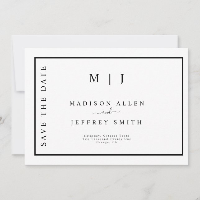 Schwarz-weiße Monogramm Save the Date Minimalistis Ankündigung (Vorderseite)