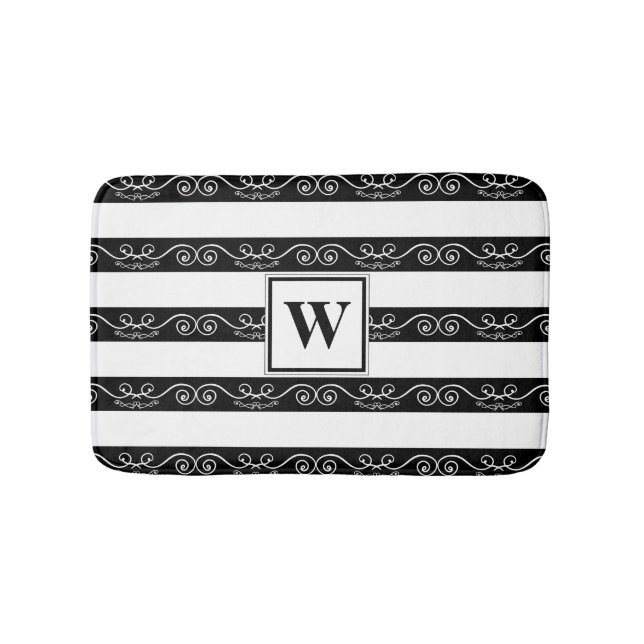 Schwarz-weiße Monogramm-Streifen Badematte (Vorderseite)