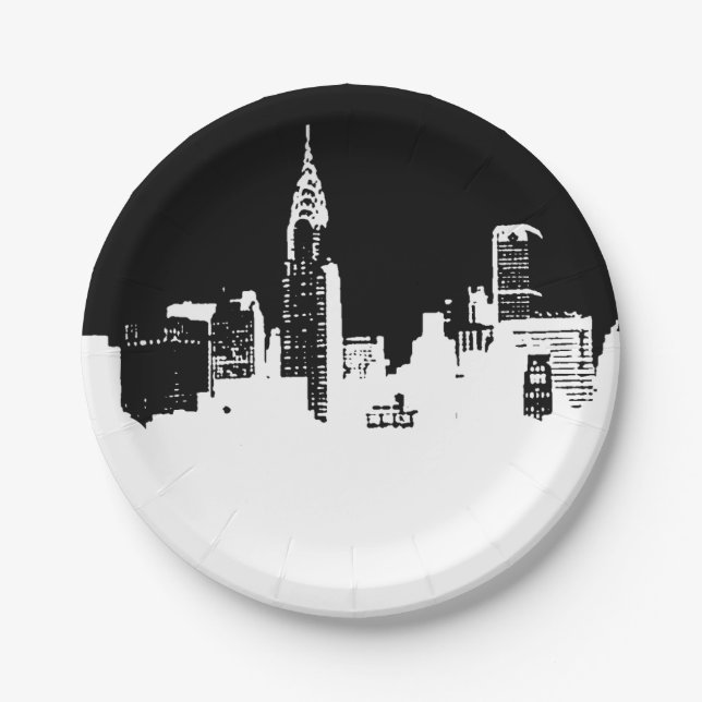Schwarz-weiße New Yorker City Skyline Pop Art Pappteller (Vorderseite)