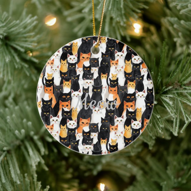 Schwarz-weiße Orangenkatzen Keramik Ornament (Baum)