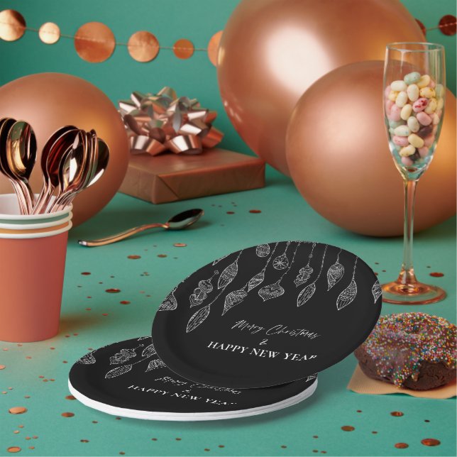 Schwarz-weiße Ornamente Weihnachten Neujahr Party Pappteller (Multi)