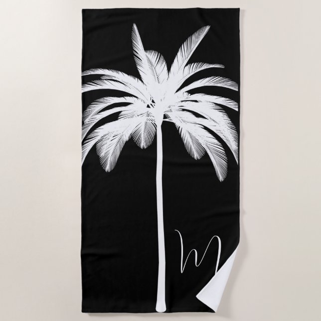 Schwarz-weiße Palm Tree Modernes Monogramm Strandtuch (Vorderseite)