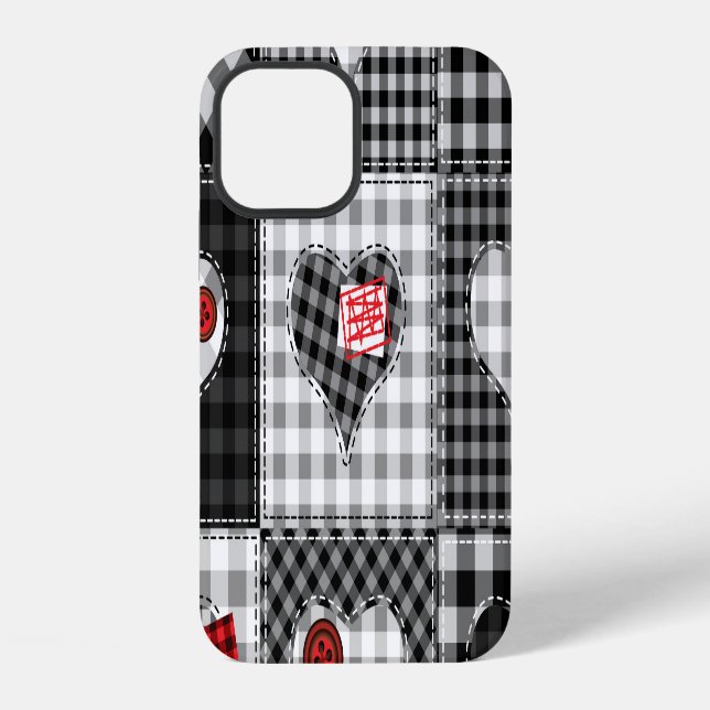 Schwarz-weiße Patchwork-Herzen nahtlos. iPhone 12 Hülle (Rückseite)