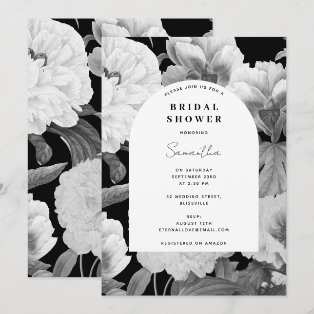 Schwarz-weiße Peonies Brautparty Einladung (Vorne/Hinten)