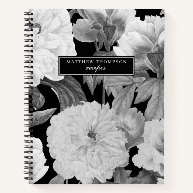 Schwarz-Weiße Peonies Wasserfarbene Blumenrezeptur Notizbuch (Vorderseite)