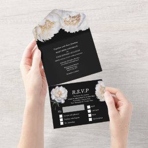 Schwarz-weiße Peony Blume Sommerhochzeit All In One Einladung