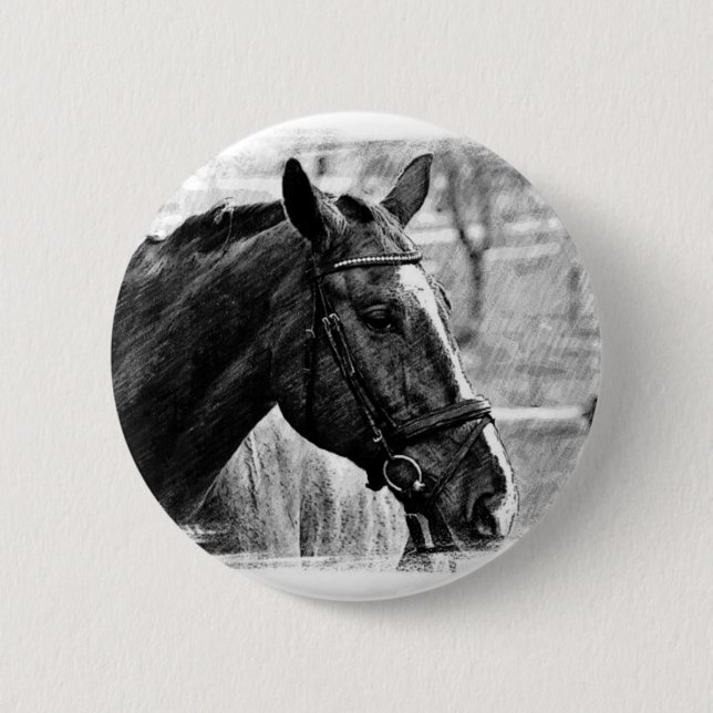 Schwarz-weiße Pferdekizze Button (Vorderseite)