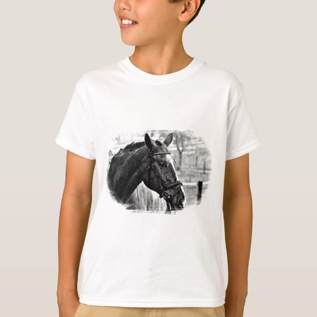 Schwarz-weiße Pferdekizze T-Shirt (Vorderseite)