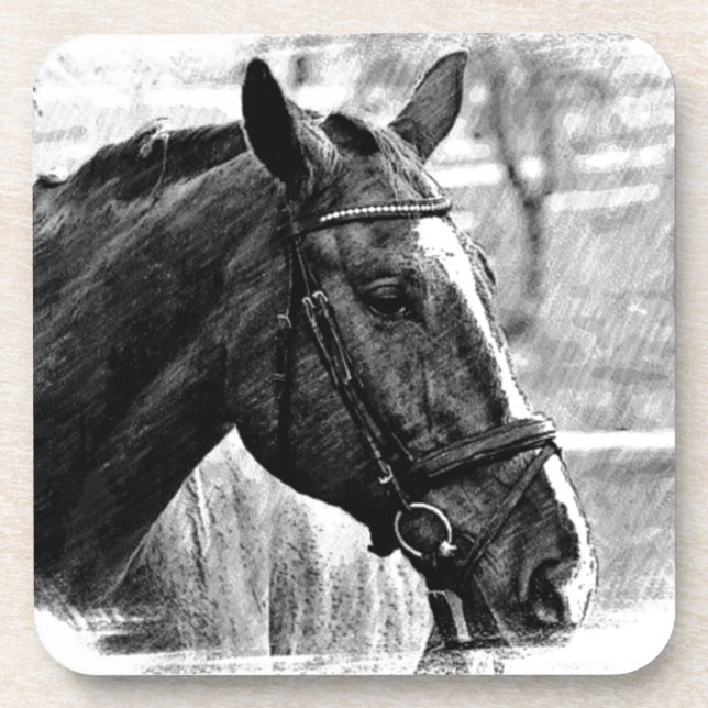 Schwarz-weiße Pferdekizze Untersetzer (Vorderseite)