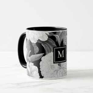 Schwarz-weiße Pfingstrosen-Blumen-Monogramm Tasse