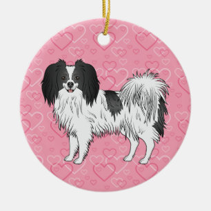 Schwarz-weiße Phalène auf rosa Herzen Haustier-Ged Keramik Ornament