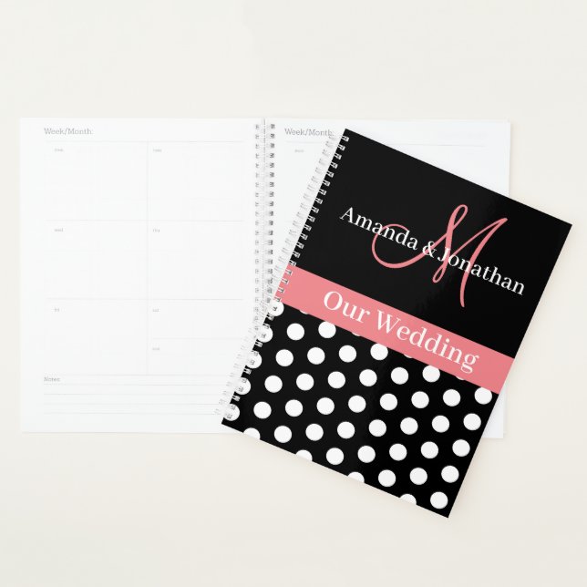 Schwarz-weiße Pink Monogram Script Polka Dot Weddi Planer (Anzeige)