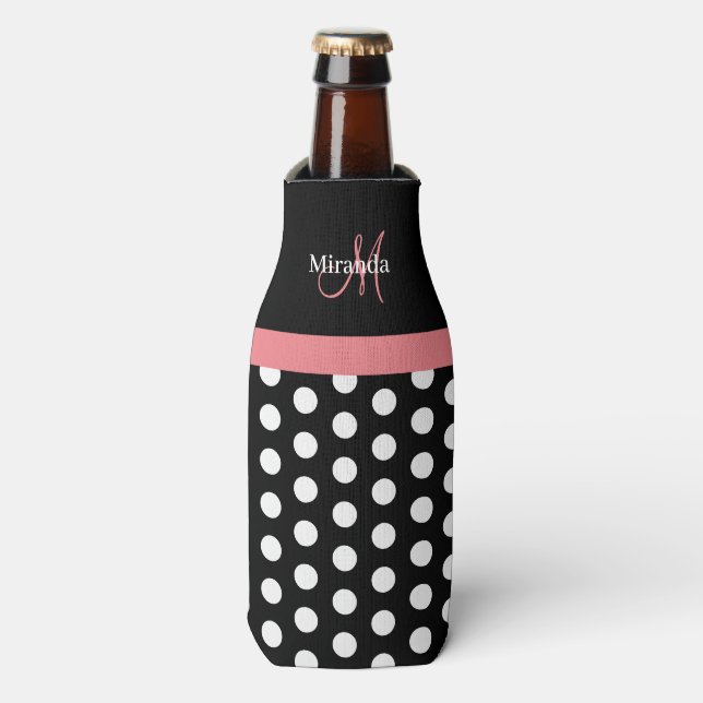 Schwarz-weiße Pink Monogram Script Polka Dots Flaschenkühler (Flaschenvorderseite)