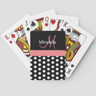 Schwarz-weiße Pink Monogram Script Polka Dots Spielkarten
