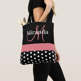 Schwarz-weiße Pink Monogram Script Polka Dots Tasche