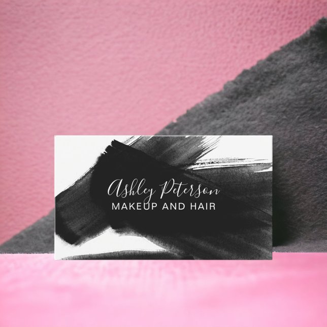 Schwarz-weiße Pinselstriche Visitenkarte (Black white brushstroke hair makeup typography business card)