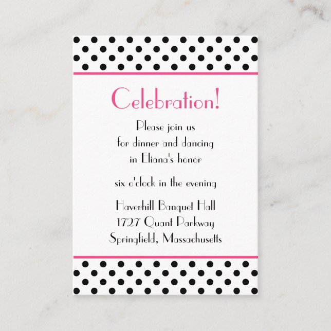 Schwarz-weiße Polka Dots Bat Mitzvah Empfang Card Begleitkarte (Vorderseite)