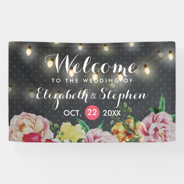 Schwarz-weiße Polka Dots Floral String Light Weddi Banner (Horizontal)