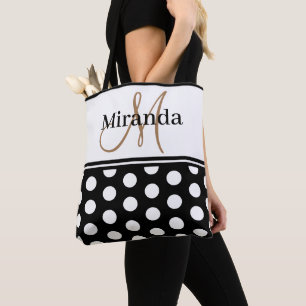 Schwarz-weiße Polka Dots Monogram Script Tasche