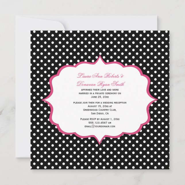 Schwarz-weiße Polka Dots Rosa Rahmen Empfang nur Einladung (Vorderseite)