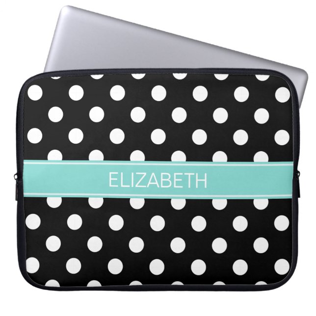 Schwarz-weiße Polka-Punkte #2 Türkisname Monogramm Laptopschutzhülle (Vorderseite)
