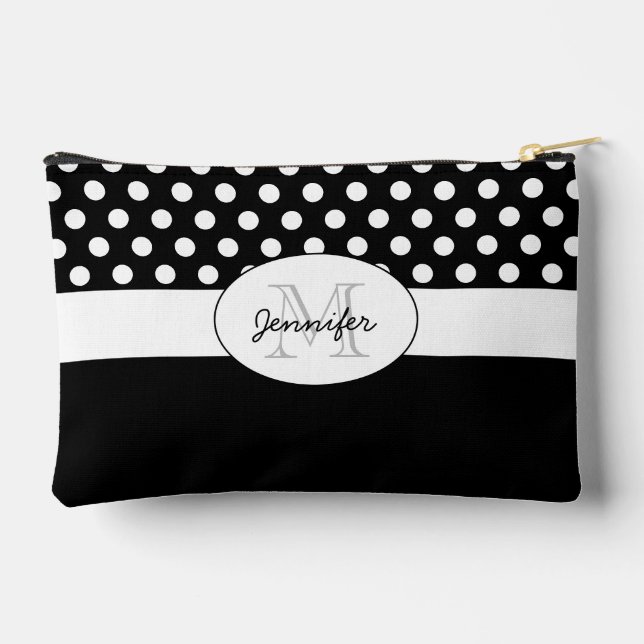 Schwarz-weiße Polka-Punkte Retromuster Monogramm Zubehörtasche (Rückseite)