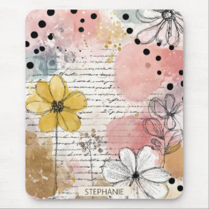 Schwarz Weiße Polka Punkte - Rosa Florale Skizzen Mousepad